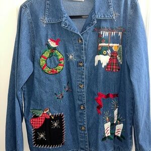 Casey & Max Christmas Embroidered Denim Jacket Women’s Small — Angels, Wreath